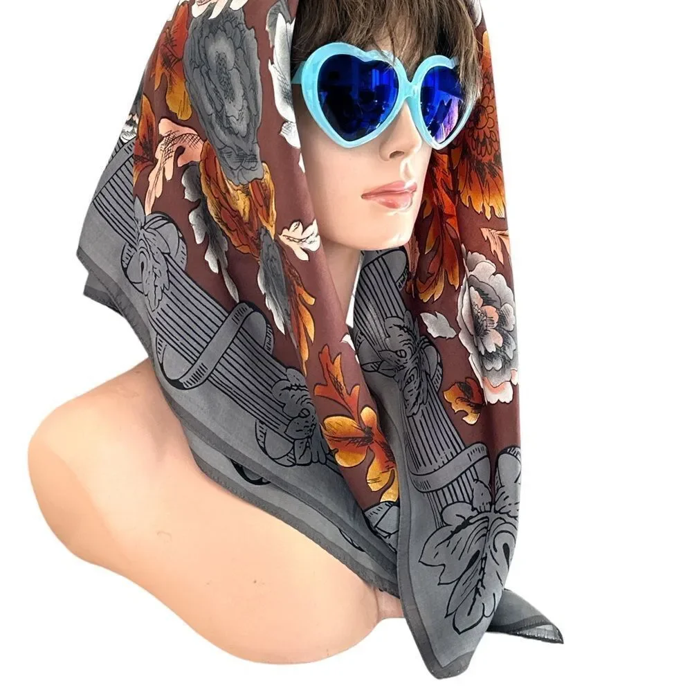 Grey brown rust fall leaf silk square 29” scarf by Laura Geraldi